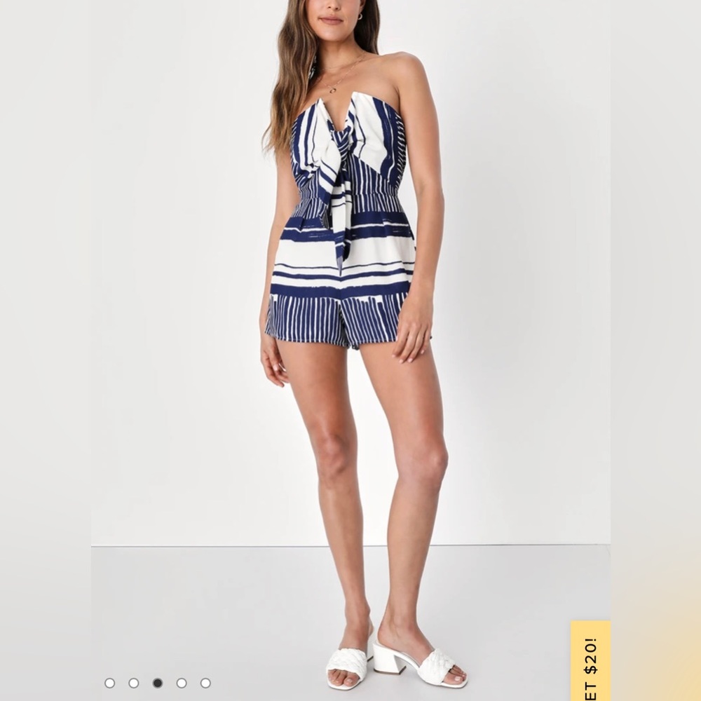 Delphi Blue and White Striped Tie-Front Strapless Romper